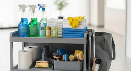 Housekeeping cart with eco-friendly cleaning supplies in hotel