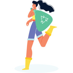 Woman Carrying Recycling Bag With Recycle Symbol On Transparent Background Outdoors In Sunlight