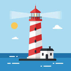 Lighthouse with red and white stripes and a small house on island.