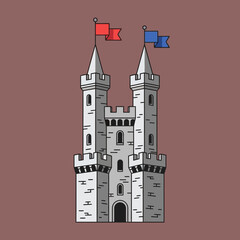 Cartoon castle with two towers and flags on top.