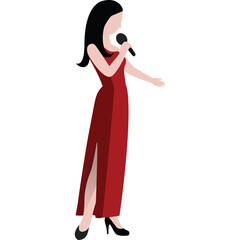Woman in a red dress holding a microphone and singing on a transparent background wearing black heels and dark hair
