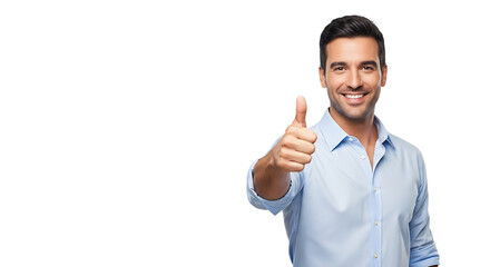 Smiling man in blue shirt giving thumbs up, expressing positivity and approval in a studio shot with copy space