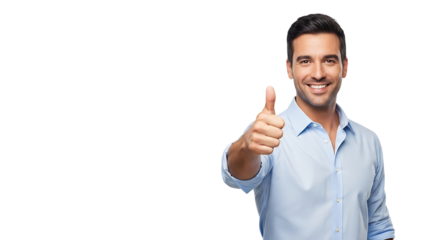 Smiling man in blue shirt giving thumbs up, expressing positivity and approval in a studio shot with copy space