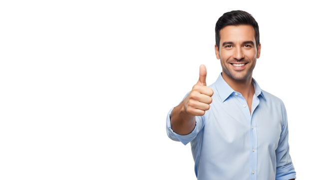 Smiling man in blue shirt giving thumbs up, expressing positivity and approval in a studio shot with copy space