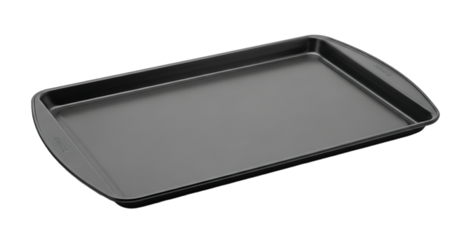 Empty nonstick baking sheet, perfect for baking cookies, roasting vegetables, or preparing other delicious dishes at home