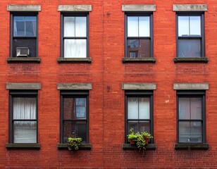Fototapeta premium The red brick building features a symmetrical façade with windows