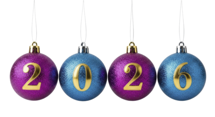  Festive Purple and Blue Glitter Christmas Ornaments Displaying 2026 Hanging on a Transparent Background PNG Image