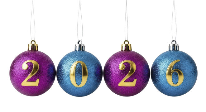  Festive Purple and Blue Glitter Christmas Ornaments Displaying 2026 Hanging on a Transparent Background PNG Image