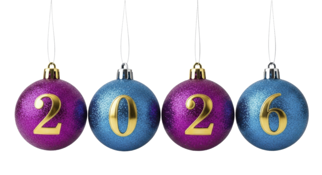  Festive Purple and Blue Glitter Christmas Ornaments Displaying 2026 Hanging on a Transparent Background PNG Image