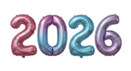  Shiny metallic 2026 number balloons on transparent background PNG image new year celebration