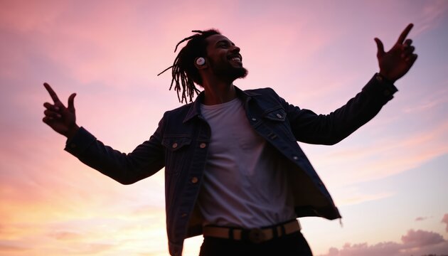 Young man with dreadlocks dances with wireless earphones and smartwatch. He moves energetically with arms spread wide against a pink sky. He enjoys music with eyes closed and a happy expression. - Powered by Adobe