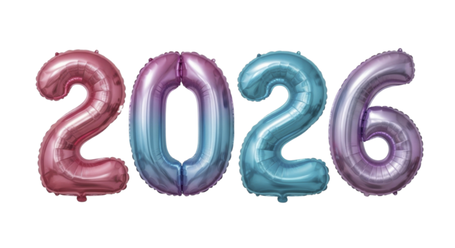  Shiny metallic 2026 number balloons on transparent background PNG image new year celebration - Powered by Adobe