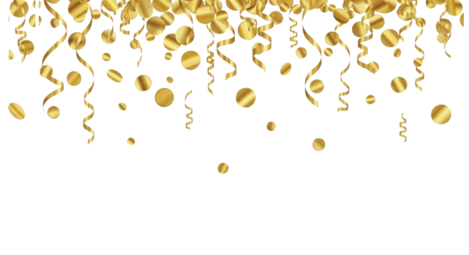  Golden Confetti and Ribbons Falling Celebration Overlay on a Transparent Background PNG Image
