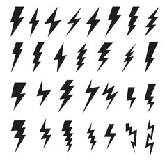 Lightning bolt icon. Flash symbol, thunderbolt, blitz lightnings strike sign. Electric energy black silhouettes, power concept.