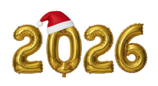 Golden 2026 number balloons with Santa hat on zero transparent background PNG image