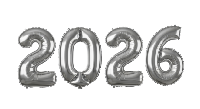  Silver Foil Balloon Numbers 2026 for New Year Celebration on a transparent background PNG image