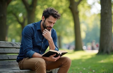 Young Caucasian male individual sits on stone park bench. Reads Holy Bible intently, with contemplative expression. Man ponders sacred texts, finding personal peace, spiritual growth, deep wisdom in