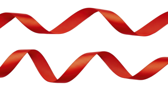 Vibrant red wavy satin ribbons floating on a transparent background PNG image, perfect for festive holiday events