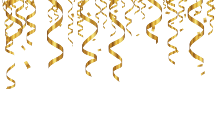  Golden streamers and confetti falling on a transparent background PNG image for New Year party celebration