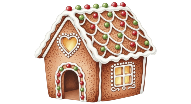  Festive Gingerbread House with Icing and Candies on a Transparent Background PNG Image