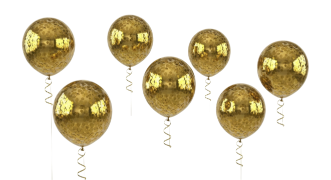  Floating golden textured confetti balloons for New Year celebration on a transparent background PNG image - Powered by Adobe
