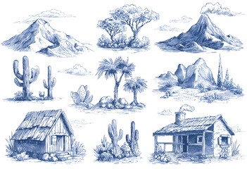 Set of hand drawn blue ink sketches of desert landscapes and rustic cabins.