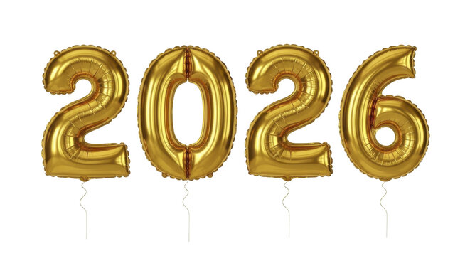  Golden 2026 year numbers foil balloons on a transparent background PNG image