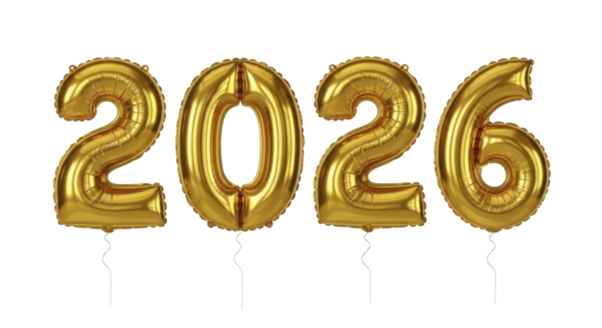  Golden 2026 year numbers foil balloons on a transparent background PNG image