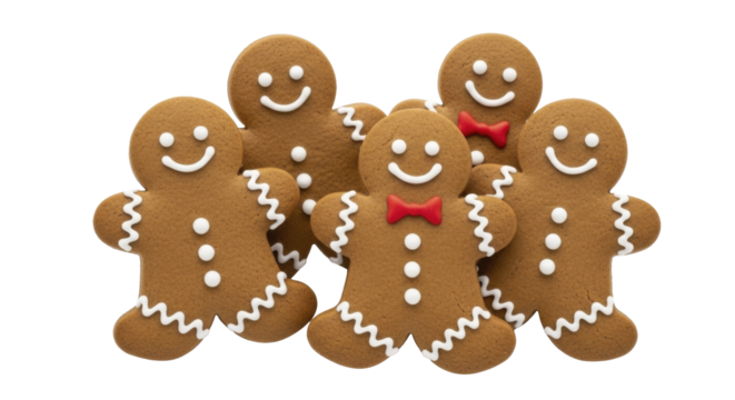  Five happy gingerbread men cookies with white icing details, on a transparent background, PNG image, PNG file.