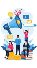 Diverse business team collaborating on a digital marketing campaign concept.