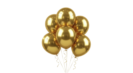  Golden metallic balloons with floating confetti for New Year celebration on a transparent background PNG image