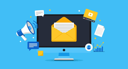 Email Marketing Campaign on Computer Screen with Megaphone and Data Charts.