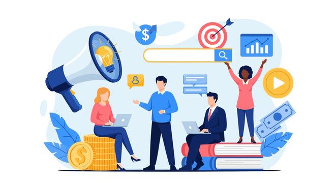 Diverse business team collaborating on a digital marketing strategy.