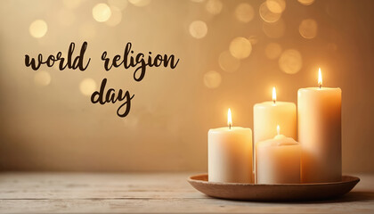 World religion day text on background with glowing candles. Four white burning wax candles sit on wooden table. Soft warm light creates peaceful, spiritual atmosphere. Union, hope, peace, faith,