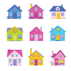 Colorful house flat vector icon set of modern suburban homes and cottages