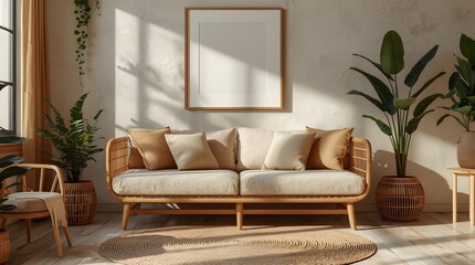 Fototapeta premium boho chic living room interior, empty frame mockup, rattan sofa, indoor plants, warm natural tones, cozy modern bohemian home decor