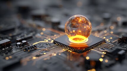 Dynamic digital core pulsing with energy on advanced circuit board, symbolizing innovation and technological power