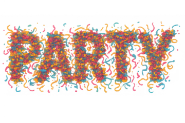 Party celebrating banner with flying confetti and streamers for holidays, birthdays, and festive designs, transparent