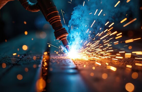 Industrial welding torch creates bright sparks and blue smoke. Metalworking process emits intense light on dark background. Close-up machine part joins steel.