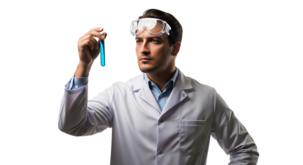 Scientist in lab coat holding test tube, conducting experiment, researching and analyzing sample for medical breakthrough