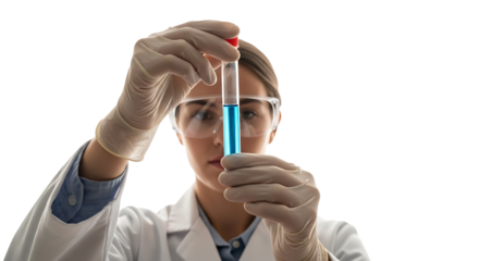 Female scientist holding test tube, conducting experiment, researching and analyzing sample for medical breakthrough