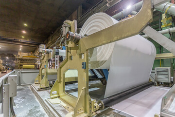 Jumbo rolls in a paper factory workshop.