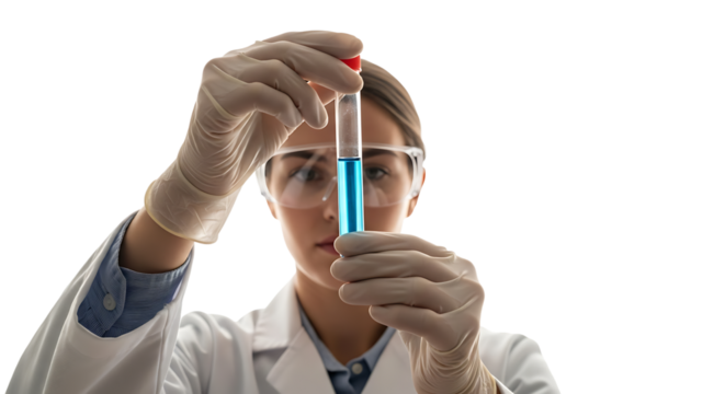 Female scientist holding test tube, conducting experiment, researching and analyzing sample for medical breakthrough