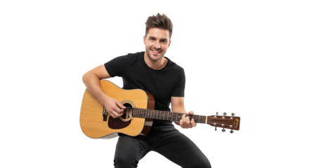 Cheerful man playing acoustic guitar, wearing a black tshirt and sitting on a chair, smiling and looking at the camera