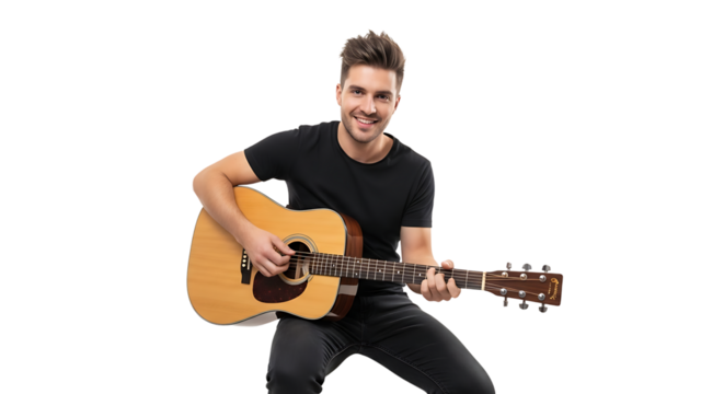 Cheerful man playing acoustic guitar, wearing a black tshirt and sitting on a chair, smiling and looking at the camera - Powered by Adobe