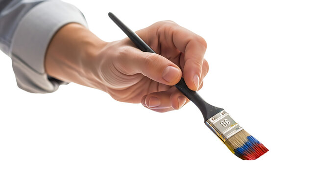 Close up of a hand holding a paint brush, with colorful paint on the bristles ready to create art
