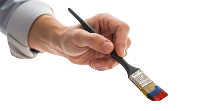 Close up of a hand holding a paint brush, with colorful paint on the bristles ready to create art