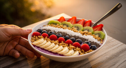 Healthy fruit bowl with chia seeds and granola served outdoors. Concept of healthy lifestyle