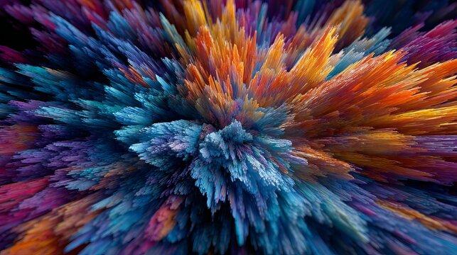 Vibrant explosion of abstract colorful particles, dynamic energy burst, energetic motion, futuristic digital art, science concept, high resolution