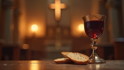 Chalice of red wine and bread slices on table. Blurred Christian cross and candles in church background. Sacrament of communion ritual, solemn religious event.